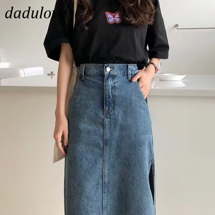 dadulove-new-korean-version-of-ins-retro-slit-denim-skirt-niche-high-waist-a-line-skirt-large-size-bag-hip-skirt