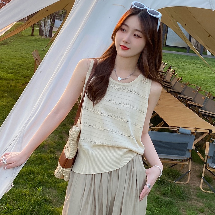 เสื้อแขนกุดลําลอง-คอกลม-ผ้าถัก-ทรงหลวม-แบบรูกลวง-แฟชั่นฤดูร้อน-สไตล์เกาหลี-สําหรับผู้หญิง