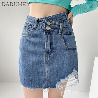 DaDuHey🎈 New Korean Style Ins Raw Edge Ripped Denim Skirt Niche High Waist A- line Skirt Bag Hip Skirt