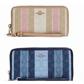 Long Zip Around Wallet With Stripes C8313 กระเป๋าสตางค์ซิปยาวผู้หญิง COAC H กระเป๋าสตางค์ผ้าแคนวาส กระเป๋าซิปด้านใน