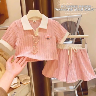 Lovely girl suit threaded cotton Polo collar short-sleeved bottomed shirt short skirt two sets of new summer clothes for 2023