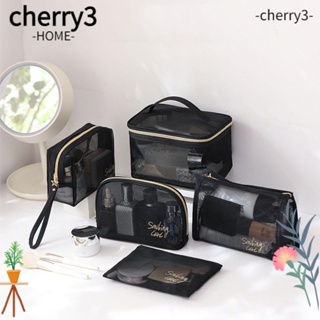 Cherry3 กระเป๋าเครื่องสําอาง ผ้าตาข่าย แบบใส แบบพกพา สําหรับผู้หญิง 1 5 ชิ้น