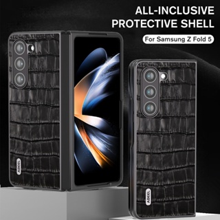 สําหรับ Samsung Z Fold 5 โทรศัพท์แฟชั่น พับได้ หนังแท้ ลายหนังจระเข้ เคสป้องกันเต็มรูปแบบ
