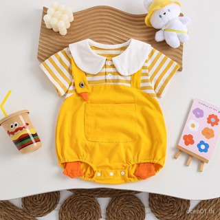 【ins Small Yellow Duck-Cute Baby】ชุดจั๊มสูท แขนสั้น ผ้าฝ้ายแท้ ลายทาง สีเหลือง สไตล์เกาหลี ตะวันตก น่ารัก แฟชั่นฤดูร้อน สําหรับเด็กผู้ชาย และเด็กผู้หญิง 2023