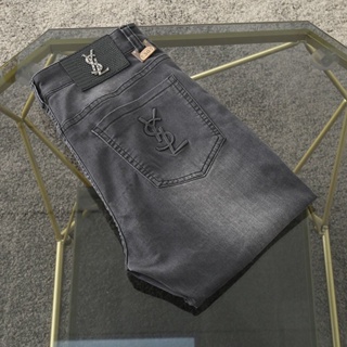 QOUM SLP 2023 Summer thin jeans cotton embroidery stretch slim fit straight large size denim trousers for men