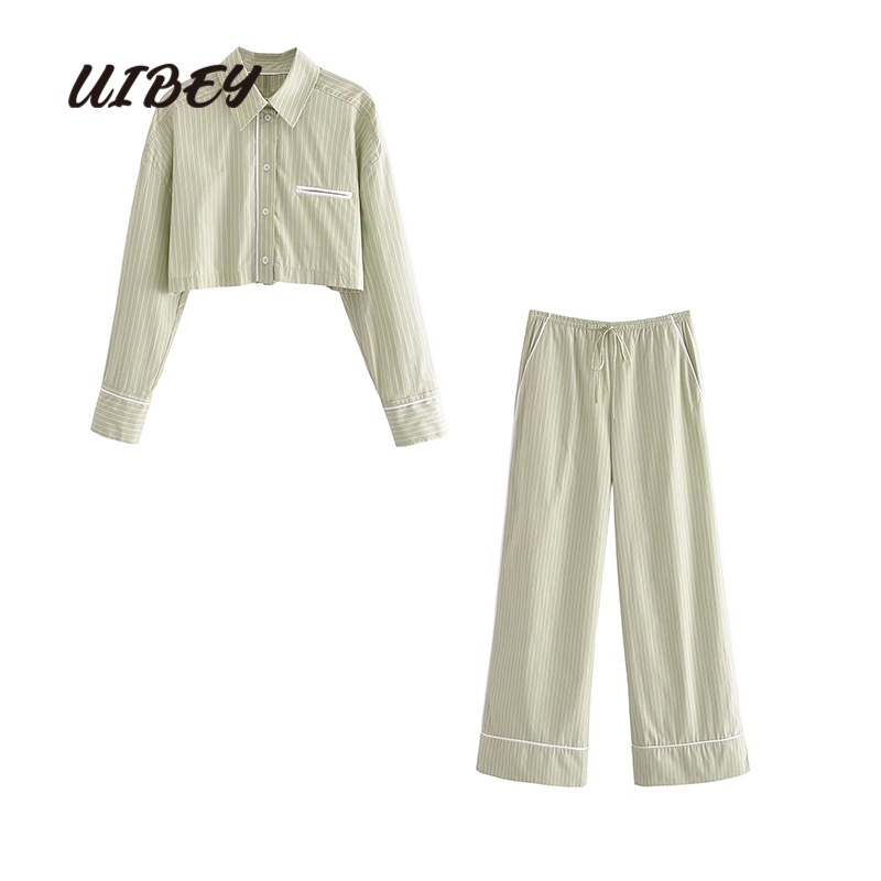 uibey-เสื้อเชิ้ตแขนยาว-คอปก-ลายทาง-กางเกง-แฟชั่น-64615