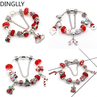 Dinglly ลูกปัดคริสตัล สีแดง คริสต์มาส ระฆัง สร้อยข้อมือ เสน่ห์ สําหรับผู้หญิง DIY สีเงิน ซานตาคลอส สร้อยข้อมือ ของขวัญ