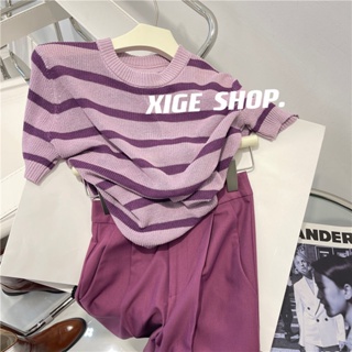 Casual fashion suit women hit color striped knitted T-shirt 2023 summer new Korean wear two-piece set