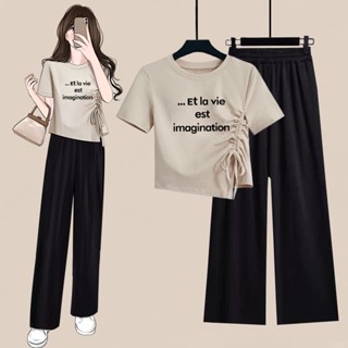 เสื้อครอปท็อป กางเกงขากว้าง เอวสูง แบบผูกเชือก ทรงพิเศษ แฟชั่นฤดูร้อน สําหรับนักเรียนหญิง 2 ชิ้น ต่อชุด