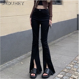 DaDuHey🎈 4 Colors Korean Style Elastic Slit Slightly Flared Jeans High Waist Slim Trousers Raw Edge Micro Casual Mop Trousers