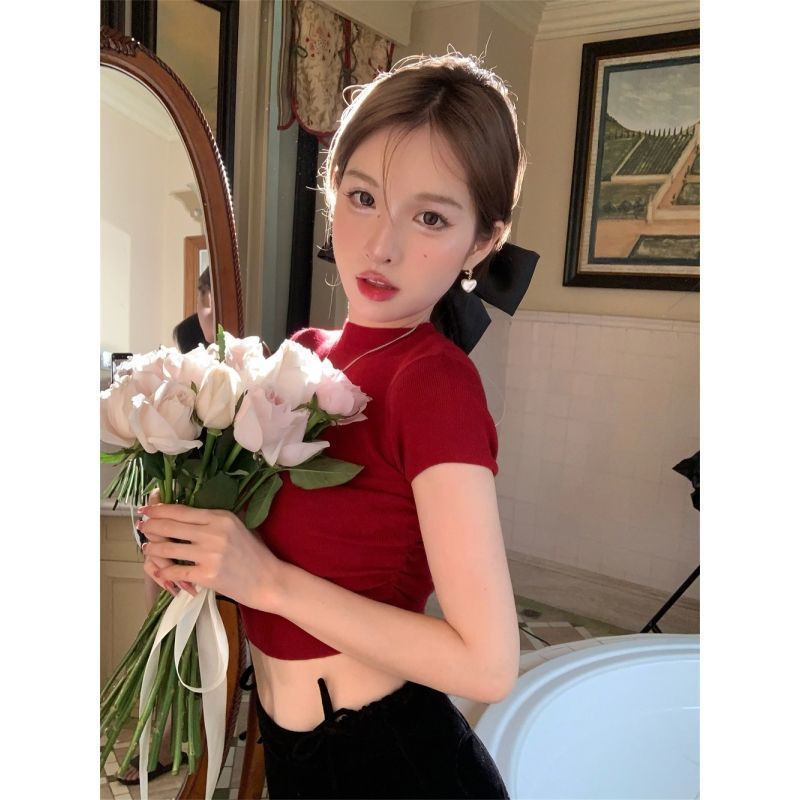 เสื้อยืดคอกลม-แขนสั้น-สีพื้น-เซ็กซี่-สไตล์เกาหลี-สําหรับผู้หญิง