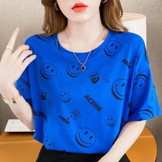 เสื้อยืดแขนสั้นลําลอง พิมพ์ลายหน้ายิ้ม อเนกประสงค์ แฟชั่นฤดูร้อน สําหรับผู้หญิง