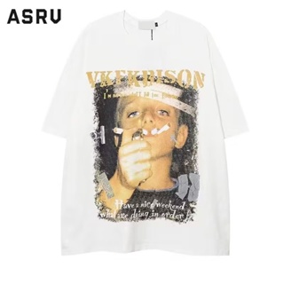 ASRV เสื้อยืด Ins ฮิปฮอปสไตล์สูบบุหรี่เด็กพิมพ์เสื้อยืดผู้ชายแขนสั้นบุคลิกภาพแบรนด์อินเทรนด์หลวม