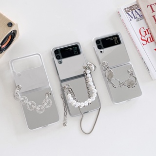 เคสโทรศัพท์มือถือ ป้องกัน พร้อมสายโซ่คล้อง สีขาว สําหรับ Samsung Z Flip4 Z Flip3 Z Flip 4 Z Flip 3
