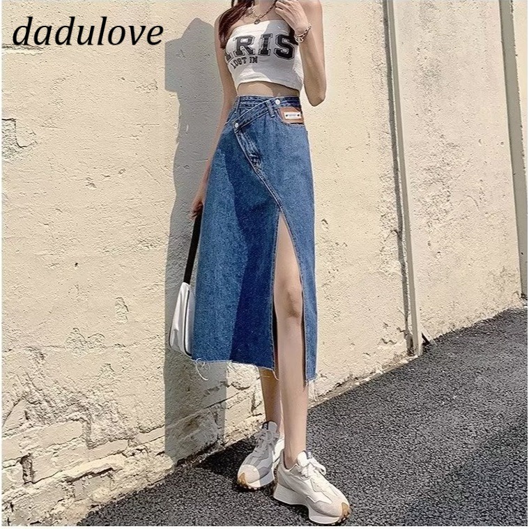 dadulove-new-korean-version-of-ins-thin-section-slit-denim-skirt-niche-high-waist-a-line-skirt-bag-hip-skirt