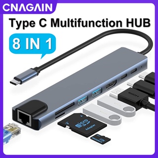 Cnagain ฮับอะแดปเตอร์ Type C 8 in 1 พร้อม 4K HDMI พอร์ตชาร์จเร็ว พอร์ต USB C USB 3.0 RJ45 อีเธอร์เน็ต SD TF การ์ดรีดเดอร์ แท่นวาง สําหรับแล็ปท็อป พีซี และอุปกรณ์ Type C อื่น ๆ