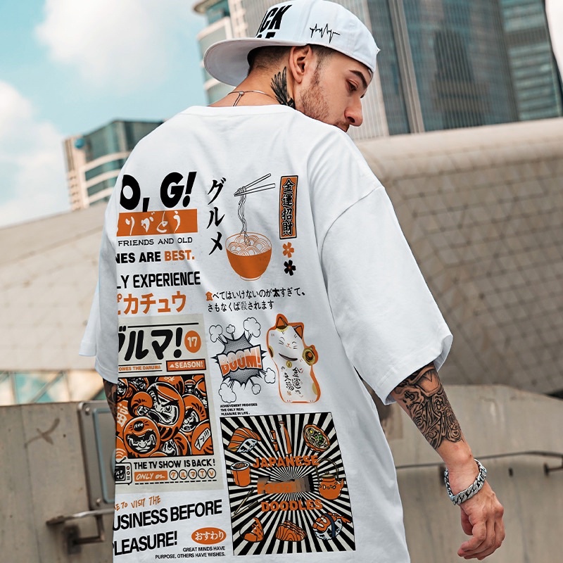 ผู้ชายเมืองแฟชั่น-unisex-แฟชั่นสีขาวขนาดคิงไซส์เสื้อยืดสไตล์ถนน