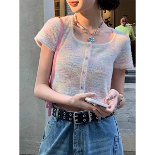 เสื้อท็อป ตัวสั้น สีรุ้ง เข้ากับทุกการแต่งกาย แฟชั่นฤดูร้อน สําหรับผู้หญิง GCUN