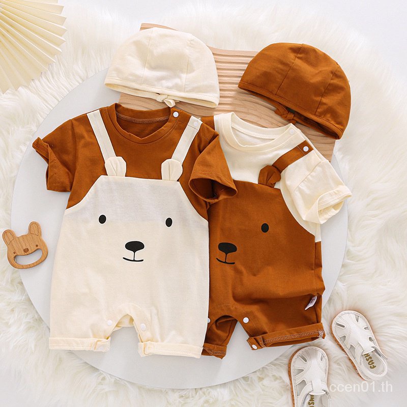 เสื้อผ้าเด็กทารก-หมีน่ารัก-ชุดจั๊มสูทรอมเปอร์-แขนสั้น-แบบบาง-สองชิ้น-แฟชั่นฤดูร้อน-สําหรับเด็กทารกแรกเกิด