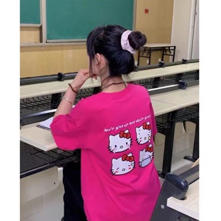 เสื้อยืดแขนสั้น ผ้าฝ้าย 100% พิมพ์ลาย Hello kitty Hello kitty ทรงหลวม แฟชั่นฤดูร้อน สําหรับผู้หญิง