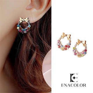 Enacolor ใหม่ Ins ต่างหู คริสตัล ดอกไม้ สีสันสวยงาม เกาหลี เจาะเต็ม โบว์ ต่างหู