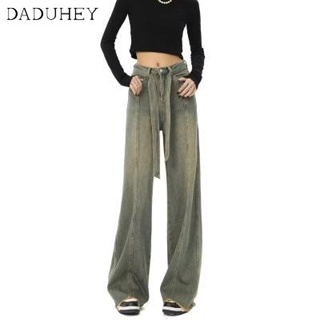 DaDuHey🎈 New American Style Ins High Street Yellow Mud Jeans Drawstring High Waist Wide Leg Pants Casual Mop Plus Size Pants