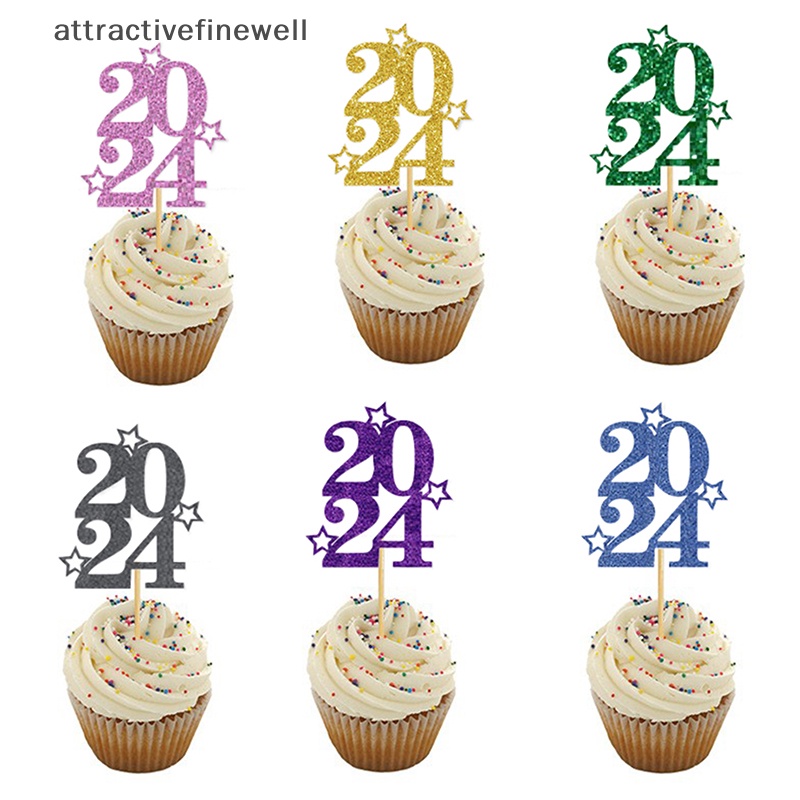 attractivefinewell-ป้ายปักหน้าเค้ก-ลาย-happy-new-year-2024-สําหรับตกแต่งเค้ก-10-ชิ้น