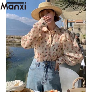 Manxi แขนยาวเสื้อผู้หญิง เสื้อลายดอกไม้ วัสดุชีฟอง 2023 ใหม่ A25K0R8 0327