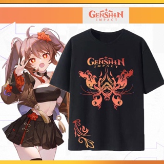 【สปอตสินค้า】 Genshin Impact HuTao เกมเสื้อยืดผู้หญิง แฟชั่นพิมพ์ลาย