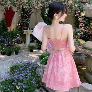 ชุดเดรสกระโปรงสั้น ลายดอกไม้ สีชมพู สไตล์โรแมนติก เหมาะกับฤดูร้อน สําหรับสตรี