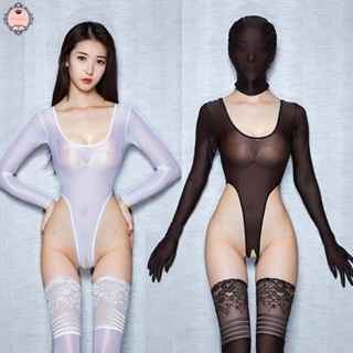 Sexy Womens Smooth Long Sleeve Bodysuit Jumpsuit Crotchless Nightwear Black/White