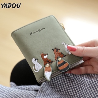 YADOU กระเป๋าสตางค์ผู้หญิง ใบสั้น สไตล์เกาหลี จิ้งจอกน้อยน่ารัก ปักซิป กระเป๋าใส่เหรียญ นักเรียน นักศึกษา ใช้งานได้หลายช่อง
