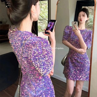 2023 summer new French light extravagant style dress female heavy industry sequins sparkling short sleeves beautiful foreign style skirt