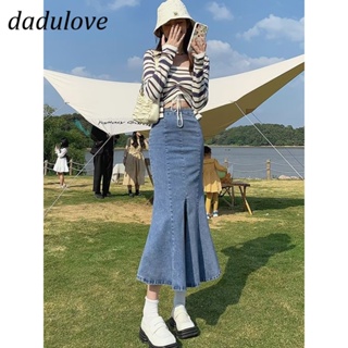 DaDulove💕 New Korean Version of INS Retro Slit Denim Skirt Niche High Waist A- line Skirt Large Size Bag Hip Skirt