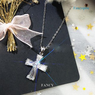 Fancy สร้อยคอยาว จี้ไม้กางเขน ประดับเพทาย คริสตัล สีกุหลาบ เครื่องประดับแฟชั่น สําหรับผู้หญิง