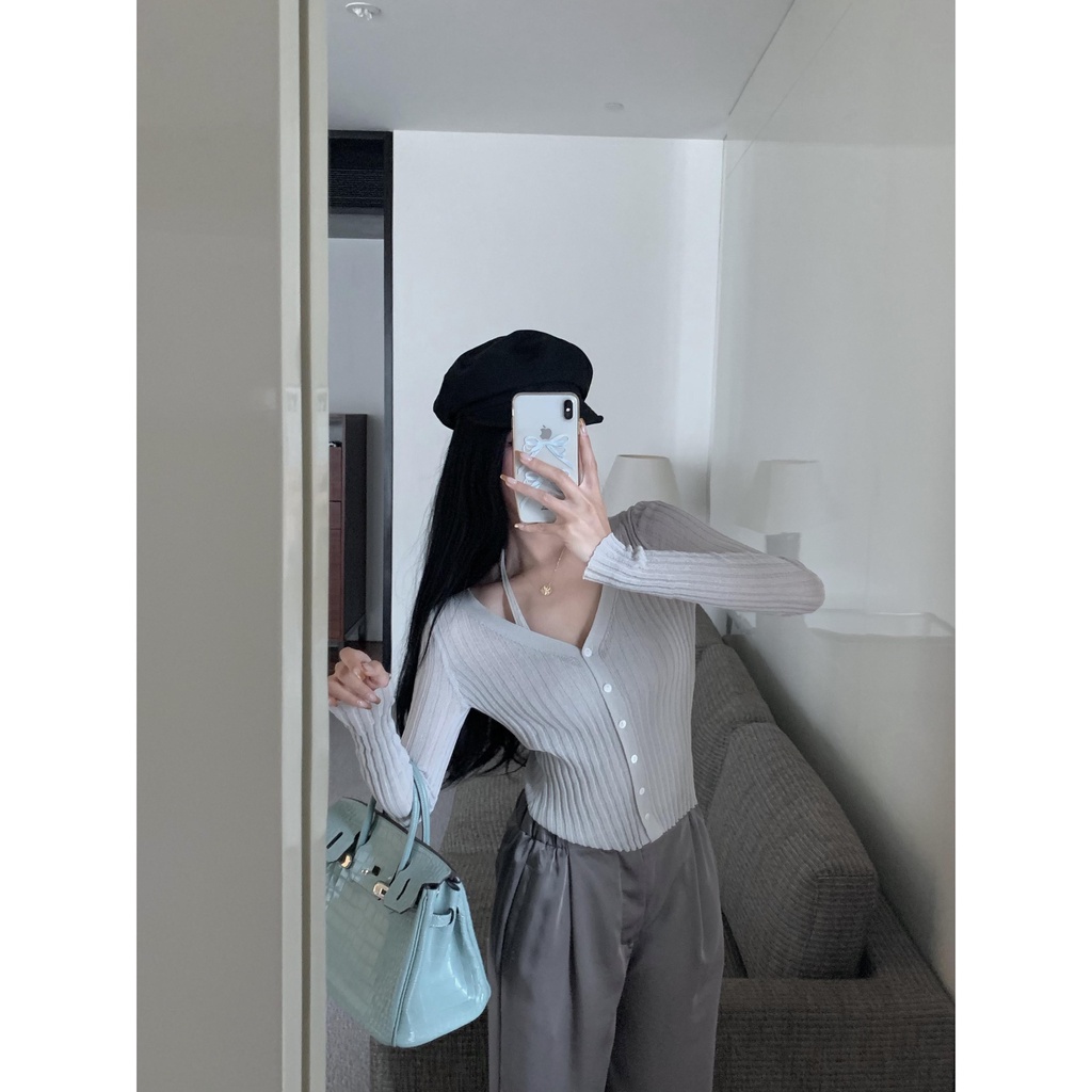 nini-สินค้าใหม่-ฤดูร้อน-เสื้อยืดแขนยาว-คอวี-สีพื้น-เซ็กซี่-เข้ารูป-สองชิ้น