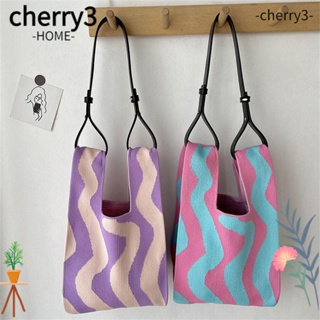 Cherry3 กระเป๋าถือ ผ้าถัก ลายทาง ขนาดเล็ก แฮนด์เมด