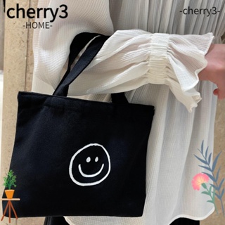 Cherry3 กระเป๋าถือ ผ้าแคนวาส ลายหน้ายิ้ม ขนาดเล็ก ใช้ซ้ําได้ สีขาว สําหรับนักเรียน