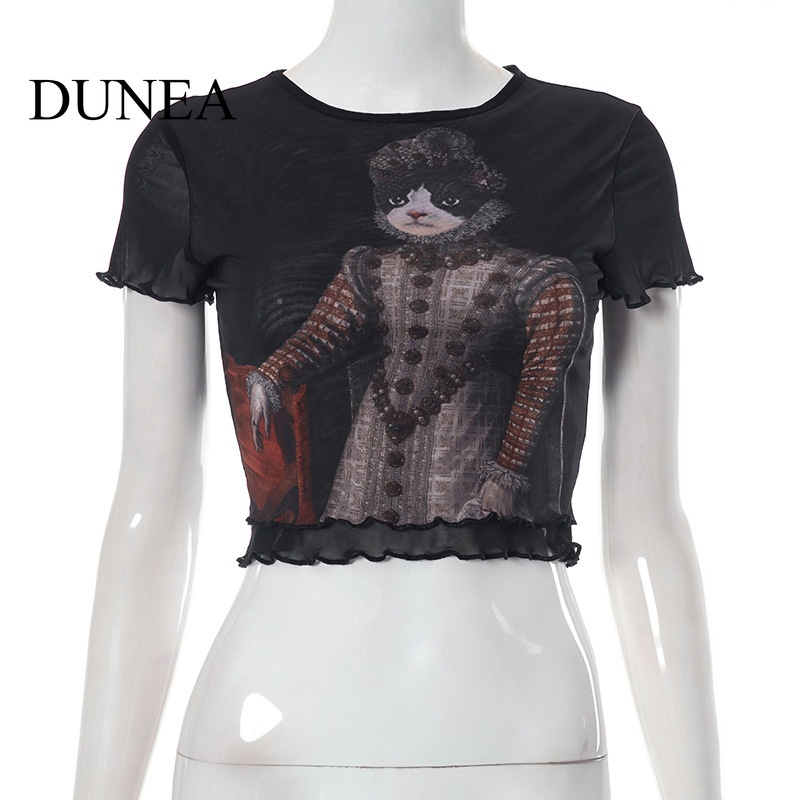 dunea-เสื้อตาข่าย-พิมพ์ลายแมว-สไตล์วินเทจ-เซ็กซี่-สําหรับผู้หญิง