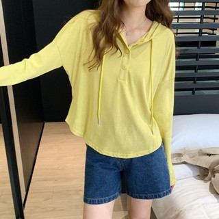 เสื้อฮู้ดดี้ แขนยาว ผ้าเรยอน ทรงหลวม ติดกระดุม สไตล์เรียบง่าย