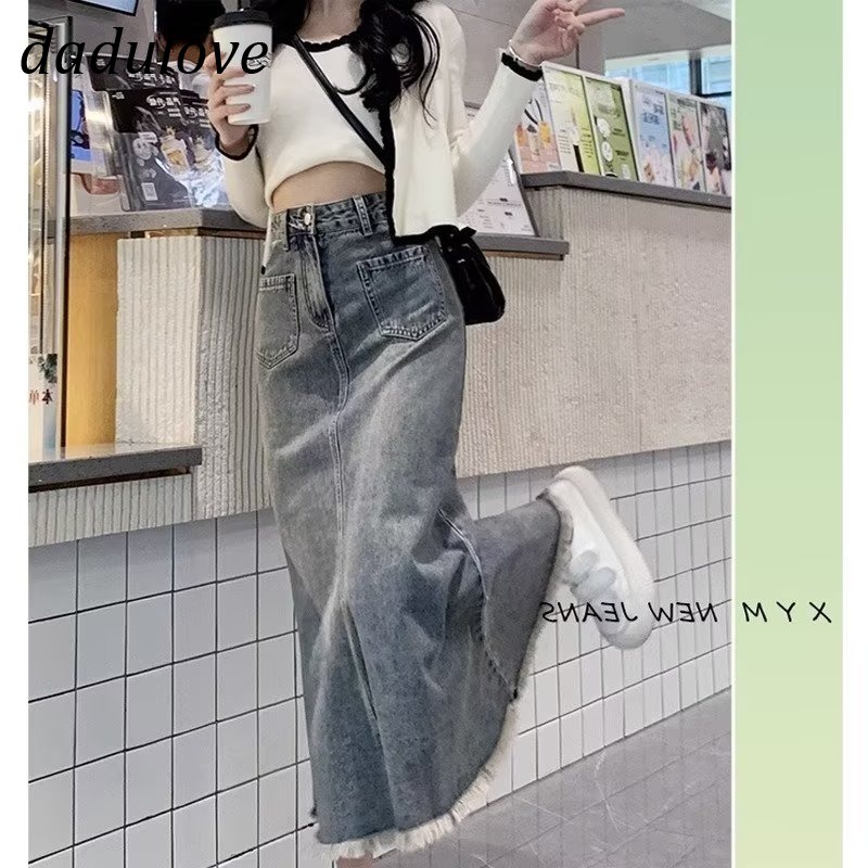 dadulove-new-american-ins-high-street-retro-raw-edge-denim-skirt-niche-high-waist-a-line-skirt-bag-hip-skirt