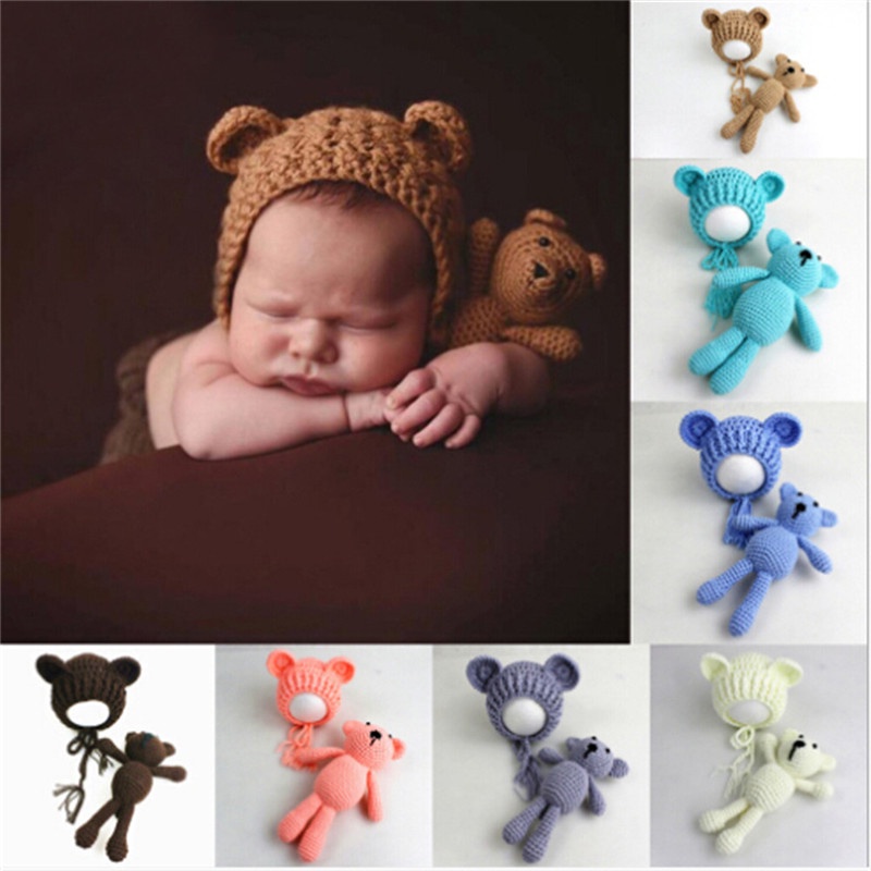 fireflower-พร็อพถ่ายรูปเด็กทารกแรกเกิด-ผ้าถักโครเชต์-รูปหมี-หมวก