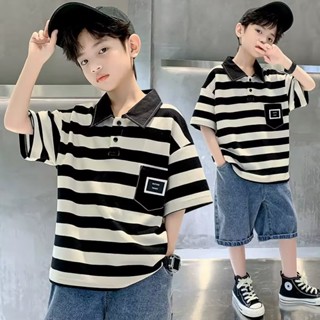 เสื้อโปโลแขนสั้น ผ้าฝ้ายแท้ ลายทาง แฟชั่นฤดูร้อน สําหรับเด็กผู้ชาย