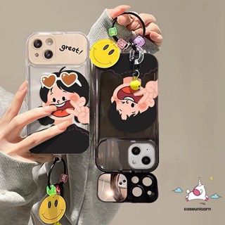 เคสโทรศัพท์มือถือแบบนิ่ม ลายการ์ตูนหน้ายิ้ม 3D พร้อมกระจกแต่งหน้า และสายคล้องข้อมือ สําหรับ Oppo A15 A57 A9 A5 2020 A7 A5s A12 A15s A3s A53 A33 F9 A77 A77s A12E A31 A35