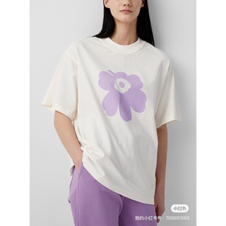 【ใหม่】เสื้อยืดแขนสั้น ผ้าฝ้าย พิมพ์ลายดอกไม้ Finland Marimekko Kioski สีม่วง แฟชั่นฤดูร้อน