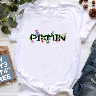 เสื้อยืดแขนสั้น พิมพ์ลายตัวอักษร Pikmin น่ารัก สีขาว แฟชั่นฤดูร้อน สไตล์ฮาราจูกุ สําหรับผู้หญิง