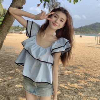 Crush～แขนสั้น  คอเสื้อทรงสี่เหลี่ยมประกบกันแขนสั้น  เวอร์ชั่นเกาหลีหวานและมีสไตล์อ่อนโยนย้อน ยุคแขนสั้นY.00112