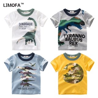 Ljmofa Kids 1-9Y เด็กแขนสั้นฤดูร้อนผ้าฝ้ายระบายอากาศการ์ตูนไดโนเสาร์รูปแบบเด็กเสื้อยืด