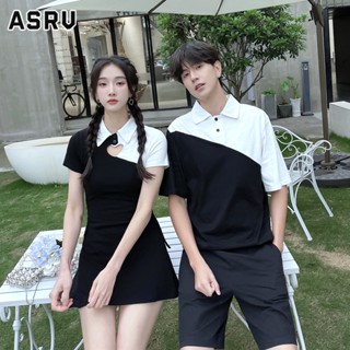 ASRV ชุดคู่รัก เสื้อโปโลตัดต่อขาวดำ + เดรสเกาะอกรูปหัวใจ บุคลิกเท่ ทันสมัย