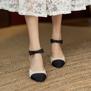 รองเท้าส้นสูง หัวแหลม ประดับโบว์ สีขาว แฟชั่นฤดูร้อน สไตล์คลาสสิก 2023